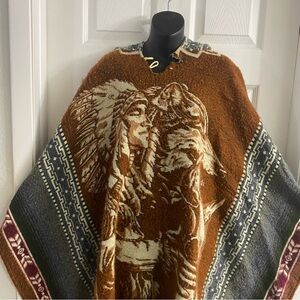 Brown and Gray Patterned Women and men Poncho Sweater Wool Blend hooded Warrior